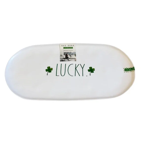 Rae Dunn Lucky St Patricks Day Melamine Serving Platter White Green Clover 19in - Picture 1 of 6